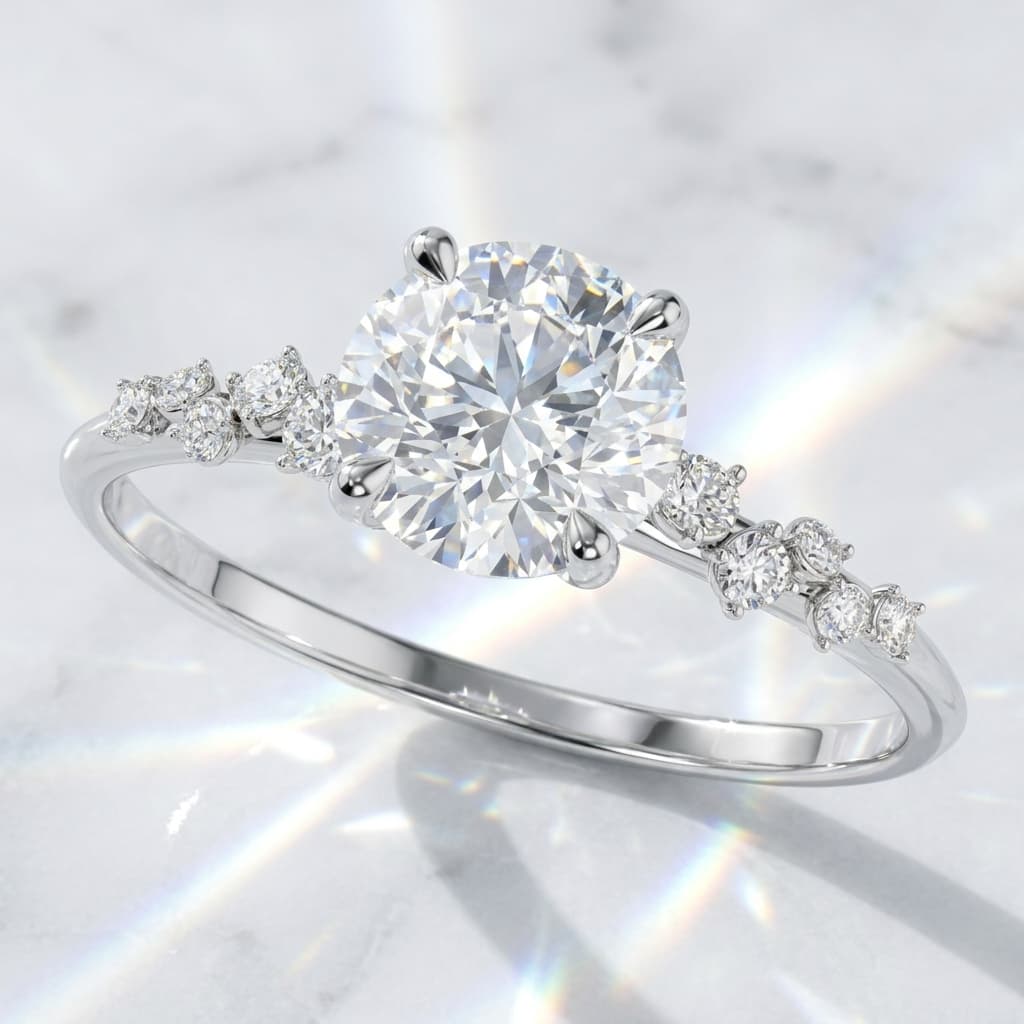AI-generated photorealistic studio diamond ring on Carrara marble with prismatic dispersion