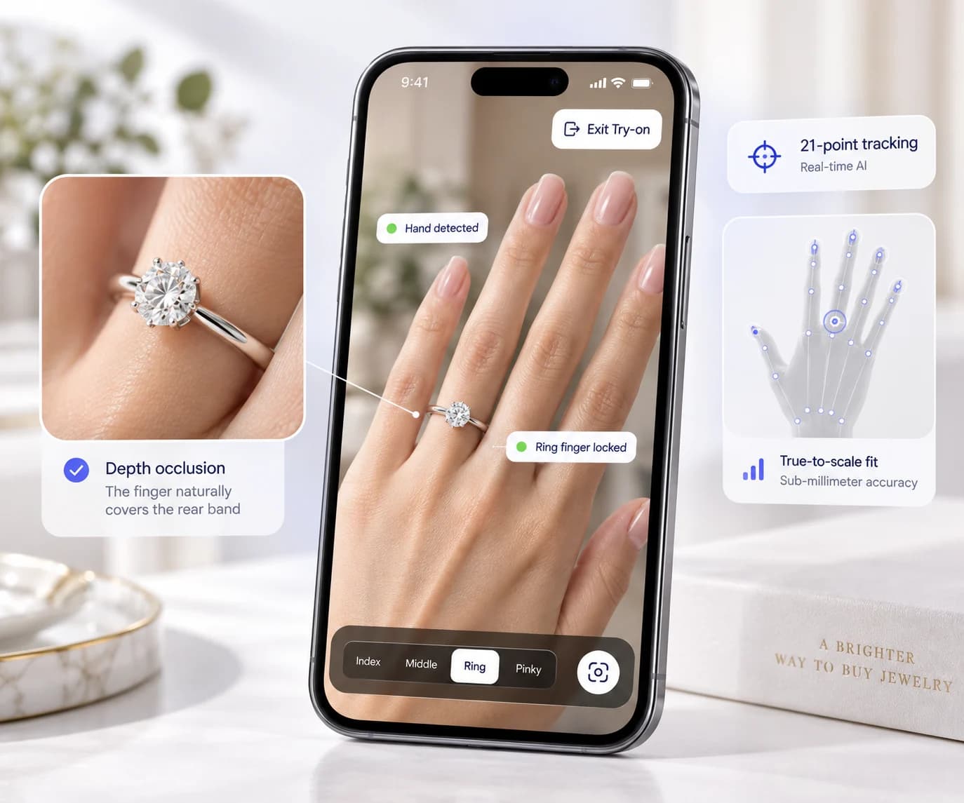 Gemtheon Real-time Camera AI Hand Tracking rendering 3D ring onto customer finger