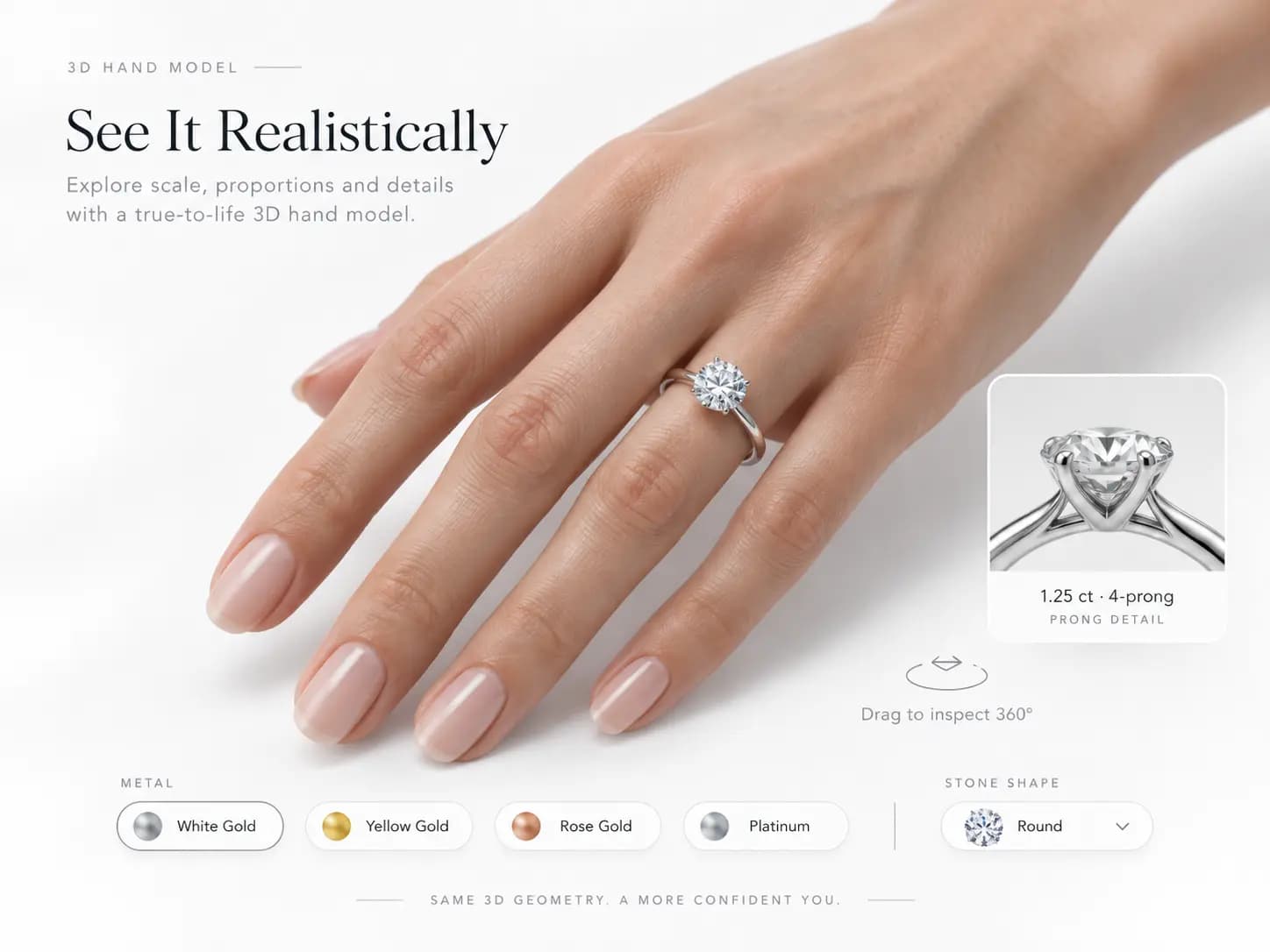 Gemtheon 3D Virtual Hand Model Preview with shape and metal controls
