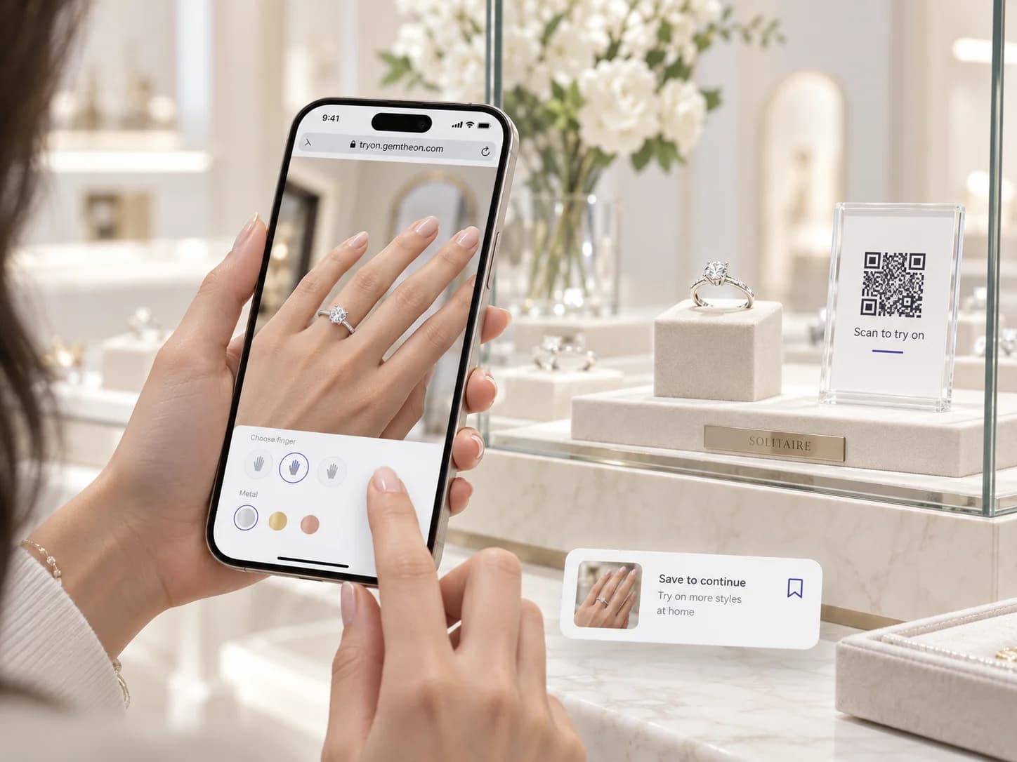 Customer scanning an in-store counter QR code to virtually try on jewelry locked inside a showroom display case
