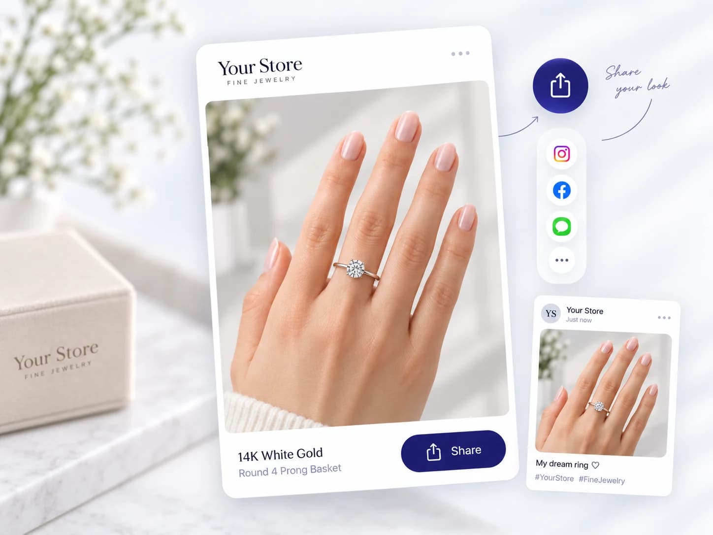 Shopper sharing branded virtual ring try-on look across Instagram and social channels with direct checkout link