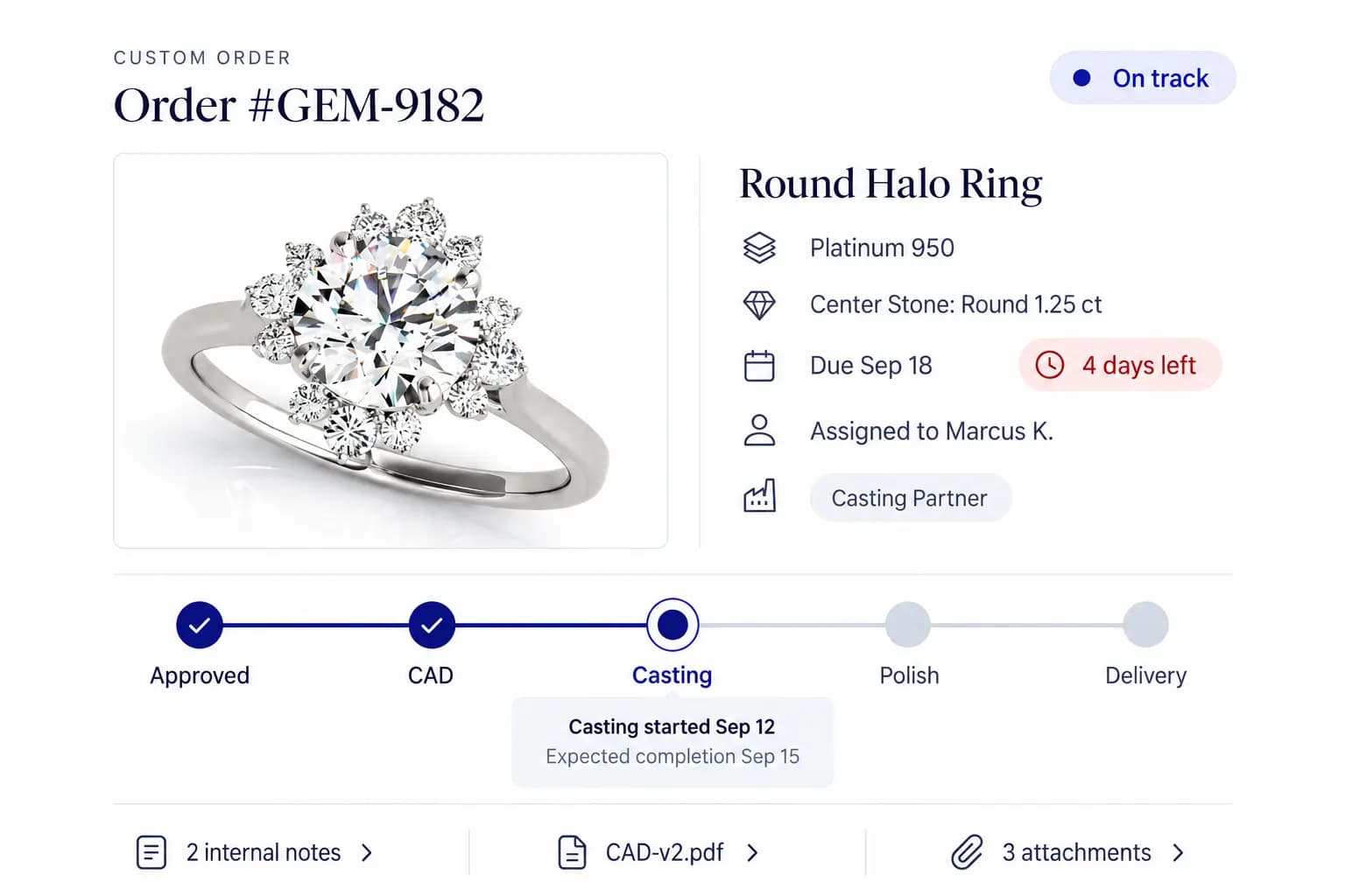 Gemtheon Custom Jewelry Order Production Tracking — live milestones from CAD approval to casting and bench delivery