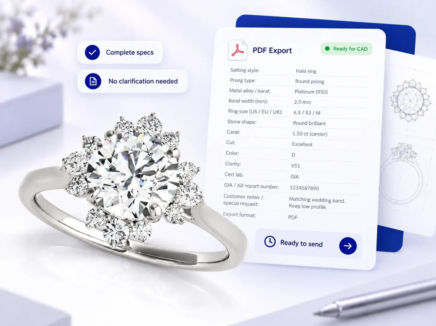 Gemtheon CAD Spec Export Sheet — 1-click production-ready specs with GIA diamond report integration