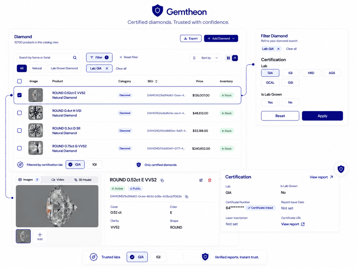 Diamond certificate detail lookup verification