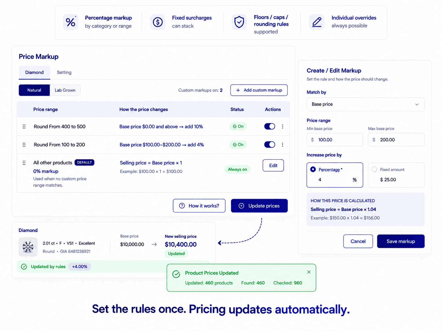 Real-time pricing rule builder dashboard interface