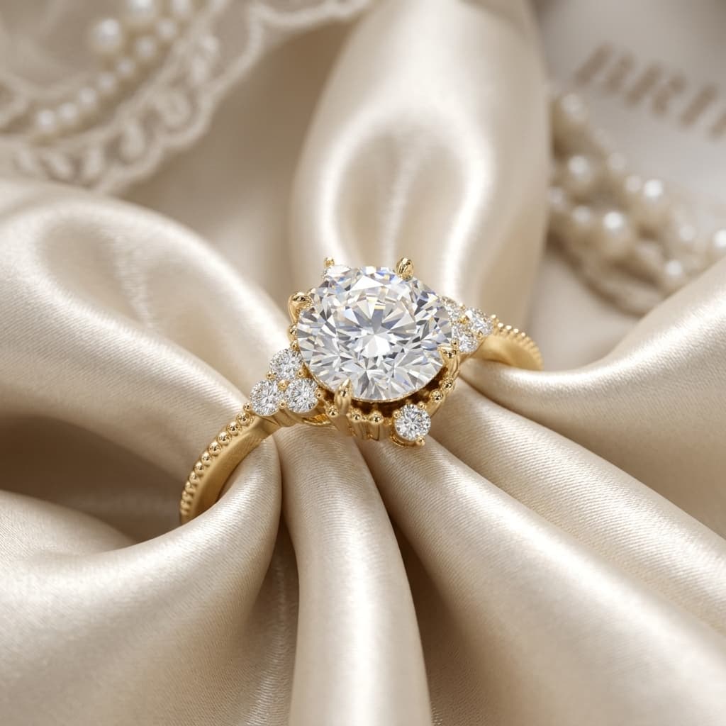 Ring on champagne silk satin — AI generated