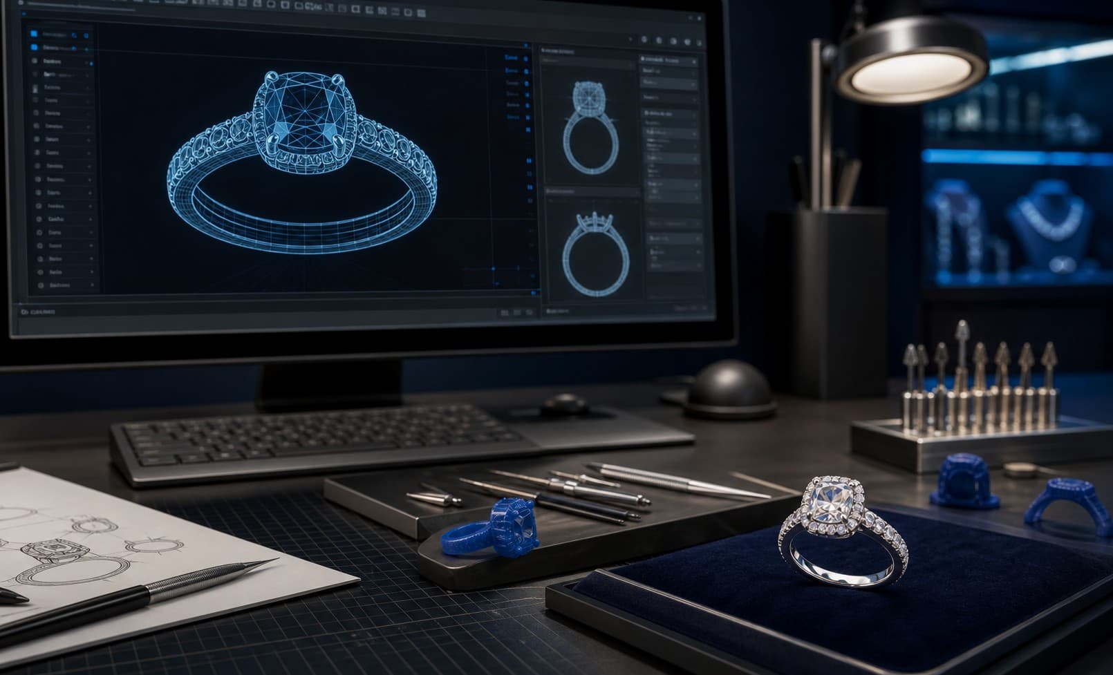 Elegant 3D-inspired jewelry design workspace with ring model visuals