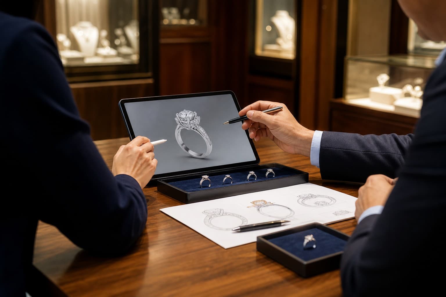 Jewelry digital collaboration scene with luxury retail and 3D design cues