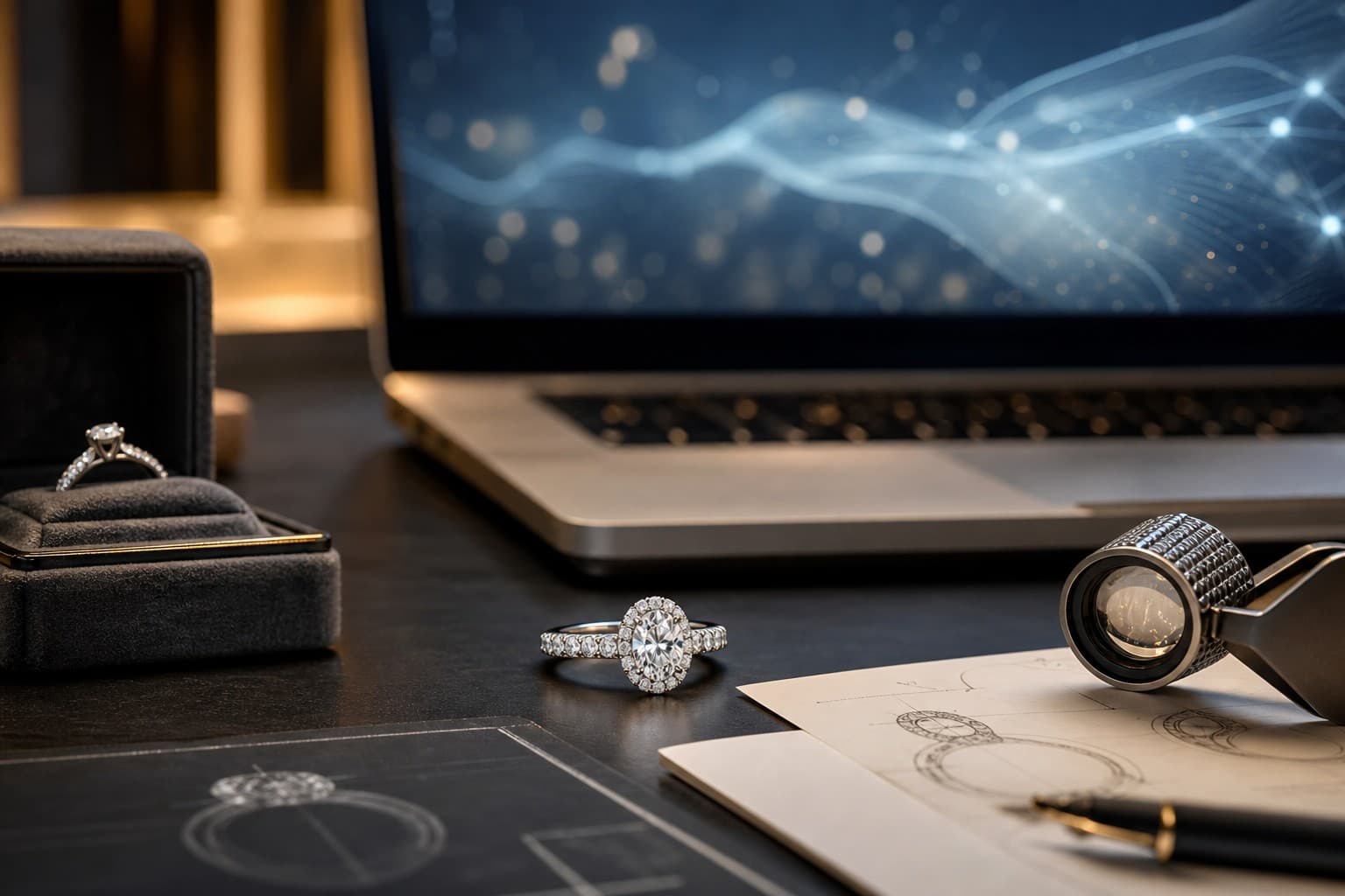 Diamond ring photographed on a dark surface with dramatic lighting
