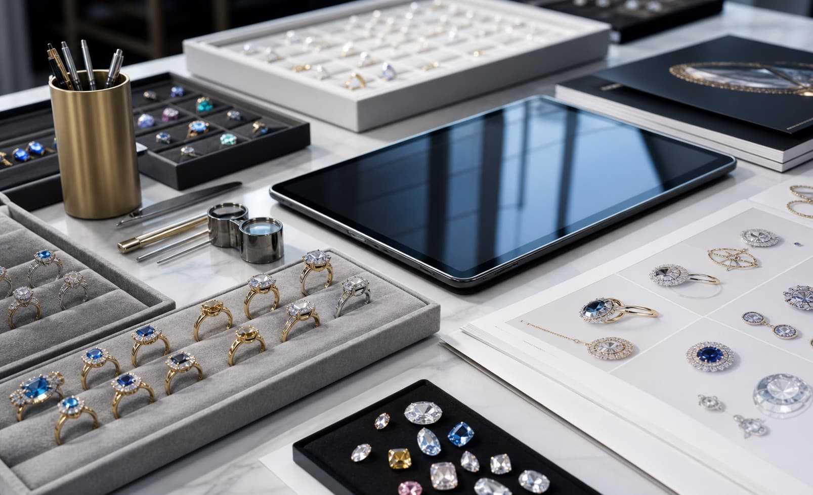 Organized jewelry stock and digital workflow inspired retail image