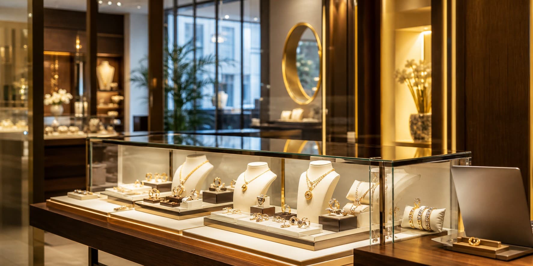 Warm modern jewelry showroom with bright product displays