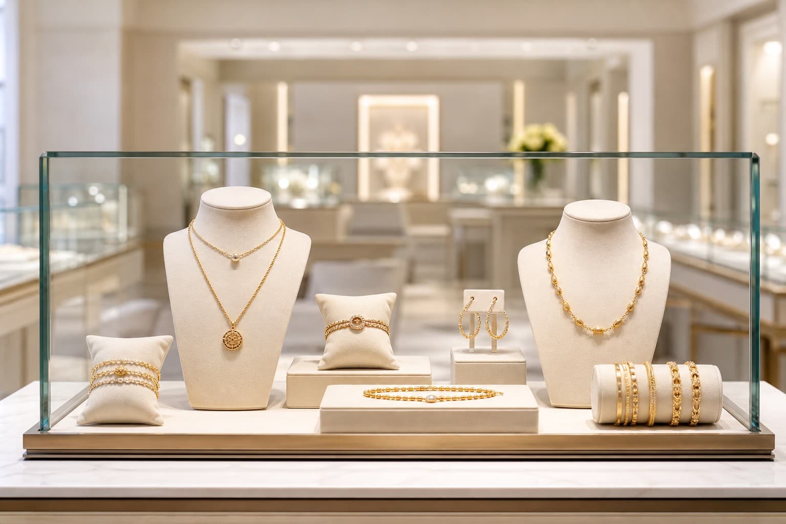 Jewelry necklaces displayed in a bright retail showcase