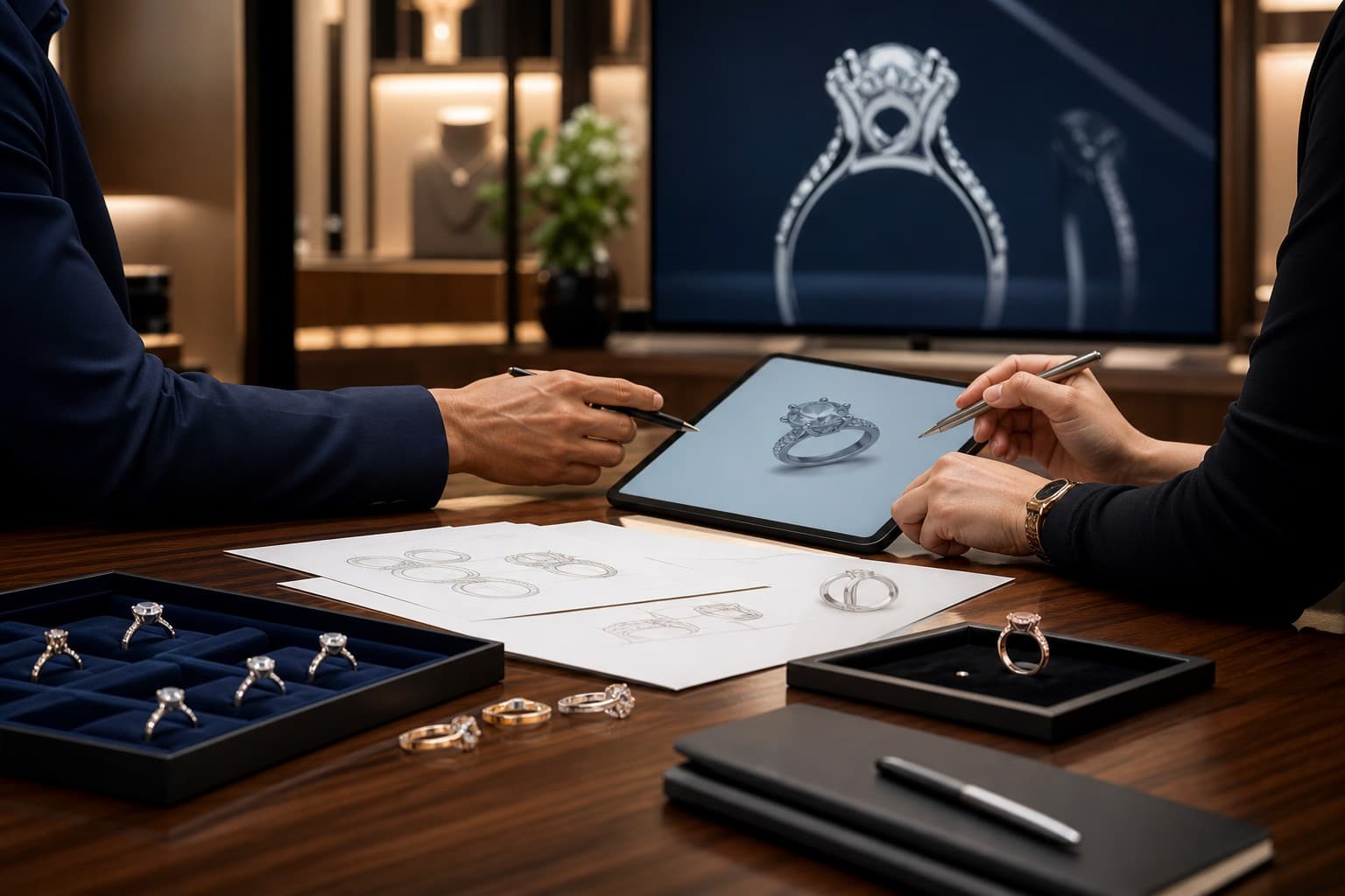 Collaborative jewelry concept scene blending retail and design aesthetics