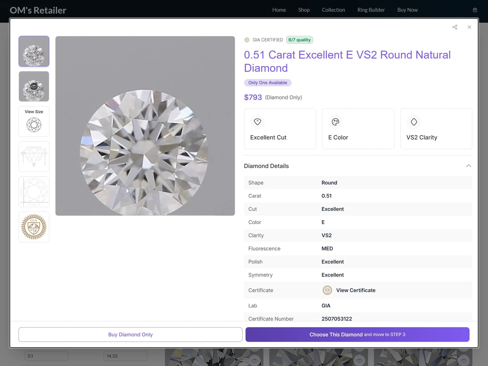Diamond certificate card with lab badge, report number, and spec grid