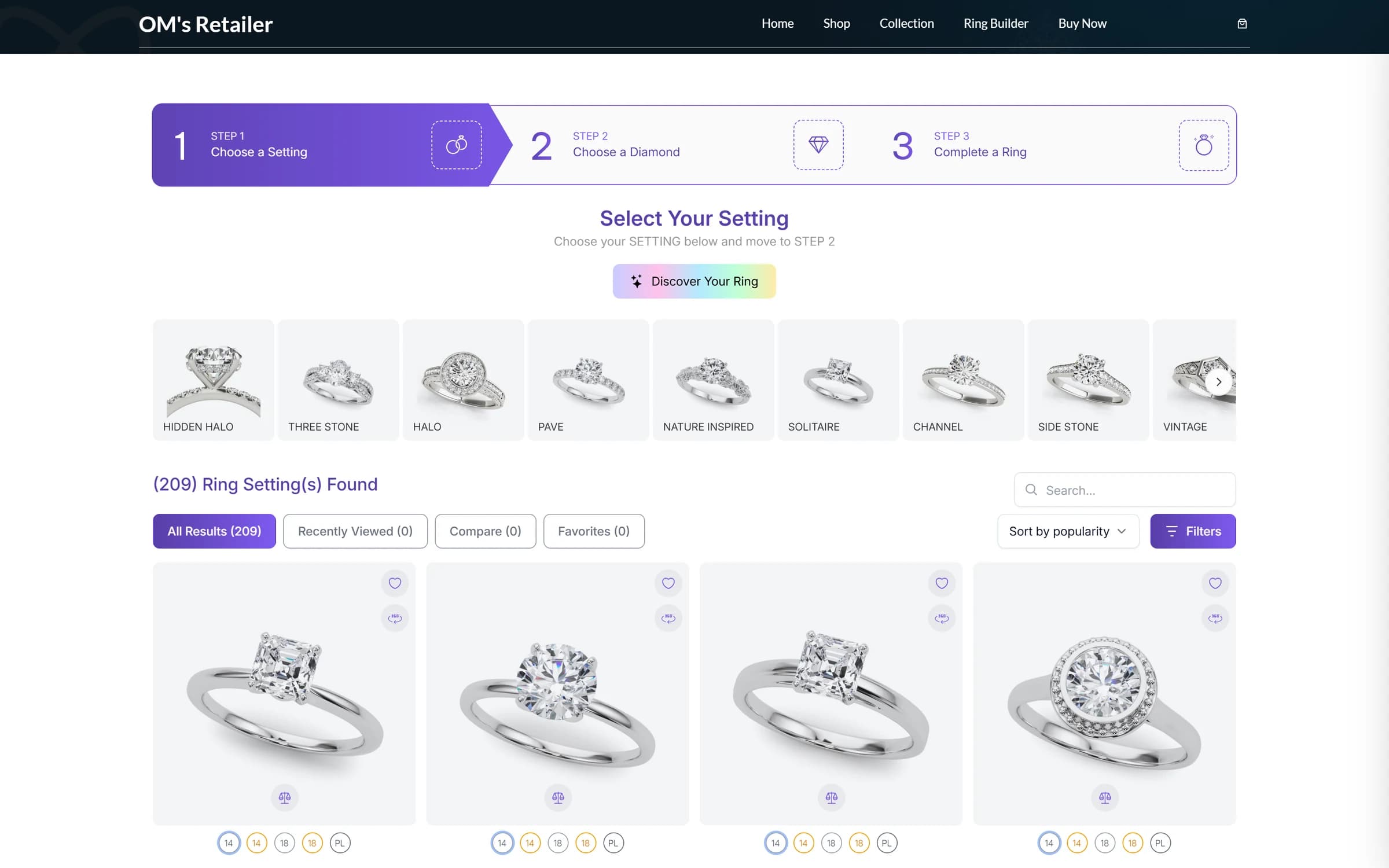 WooCommerce storefront with the native Ring Builder plugin