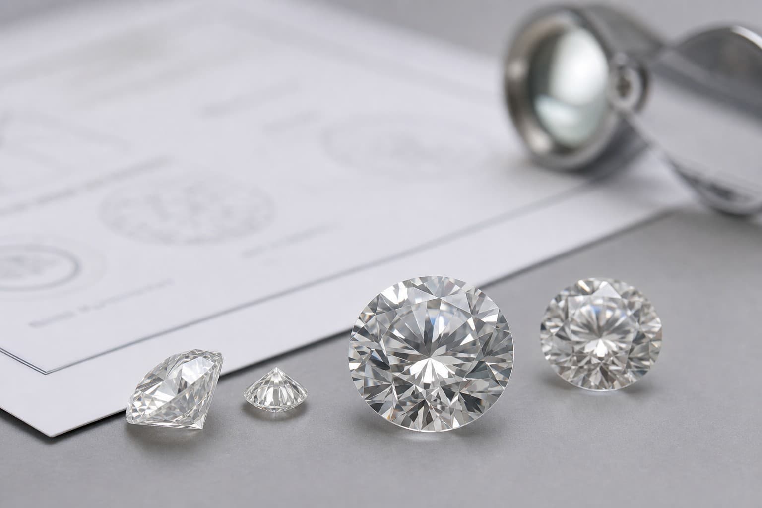 Different diamond cuts displayed on a glossy black reflective surface