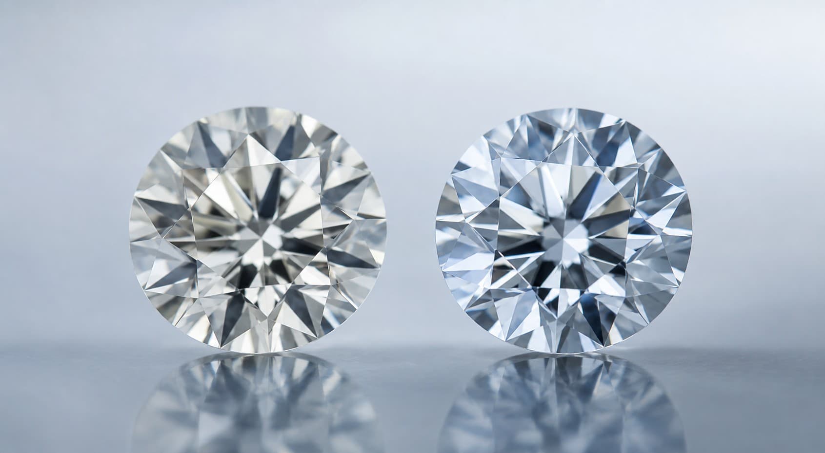 Reflective close-up image of faceted diamonds in cool blue light